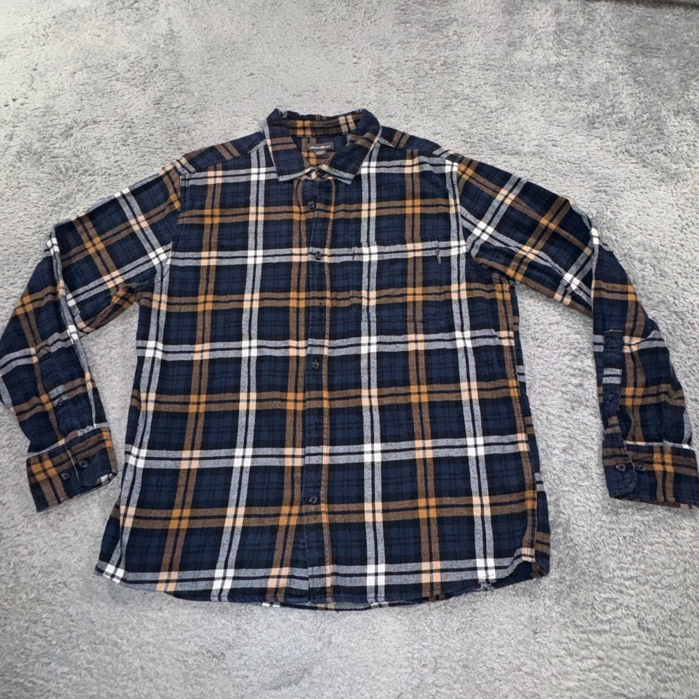 Eddie Bauer Flannel Shirt Mens XL Navy Blue Orange Plaid Long Sleeve Button Down